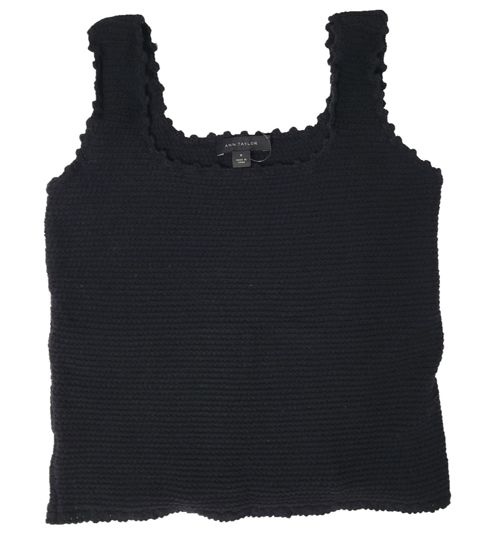 Ann Taylor Womens M Black Crochet Knit Tank Top Square Neck Sleeveless